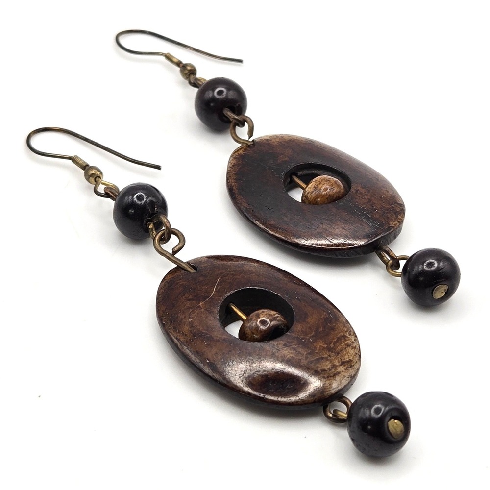 Vintage Boho Dyed Buffalo Bone Oval Dangle Earrings Brown Bead Hooks 3.25"